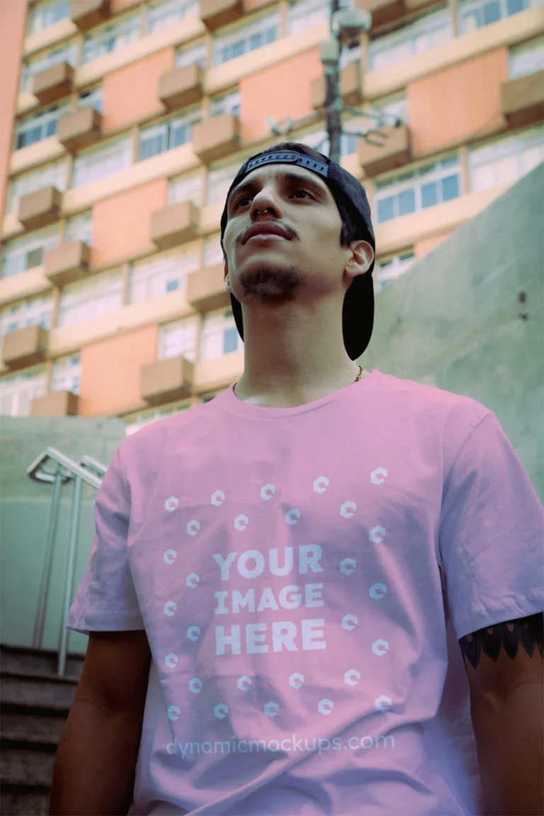 Man Wearing Pink T-shirt Mockup Front View Template