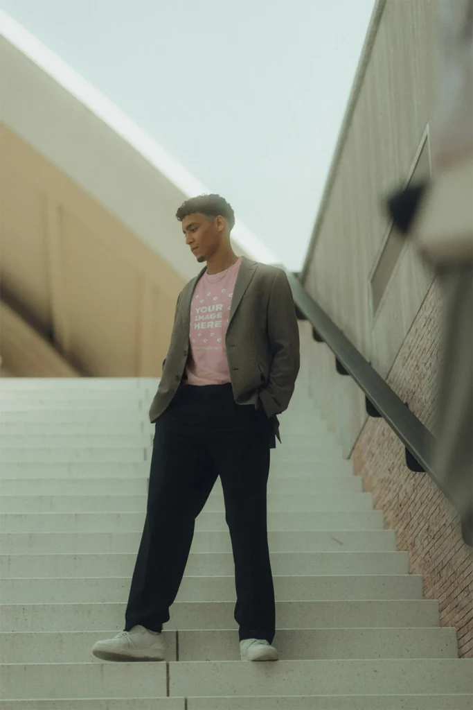 Man Wearing Pink T-shirt Mockup Front View Template