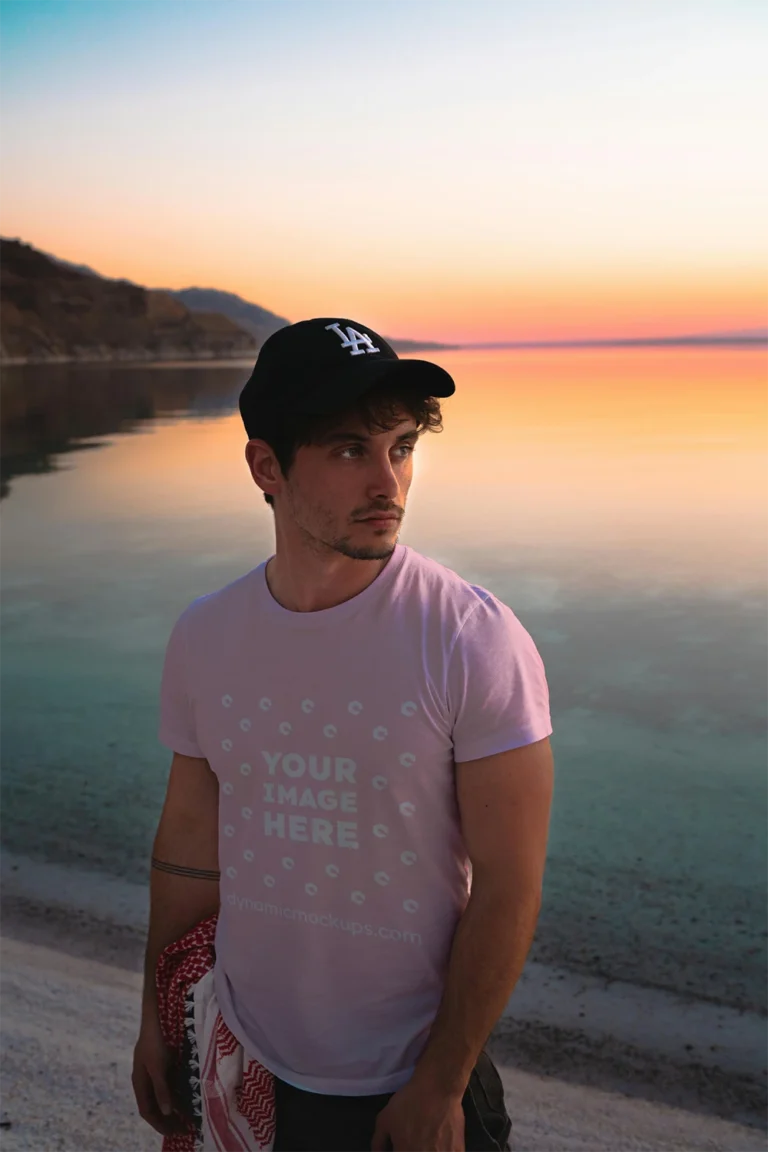 Man Wearing Pink T-shirt Mockup Front View Template