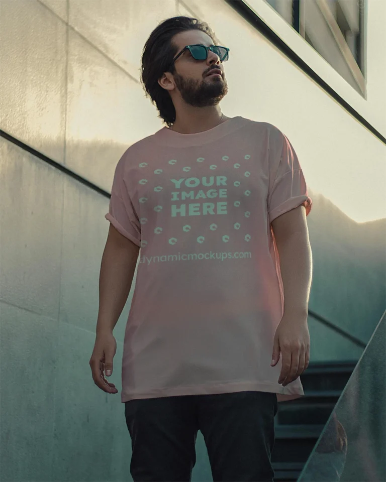 Man Wearing Pink T-shirt Mockup Front View Template