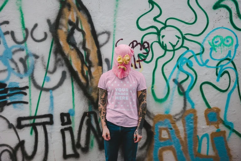 Man Wearing Pink T-shirt Mockup Front View Template