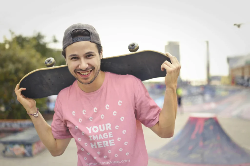 Man Wearing Pink T-shirt Mockup Front View Template