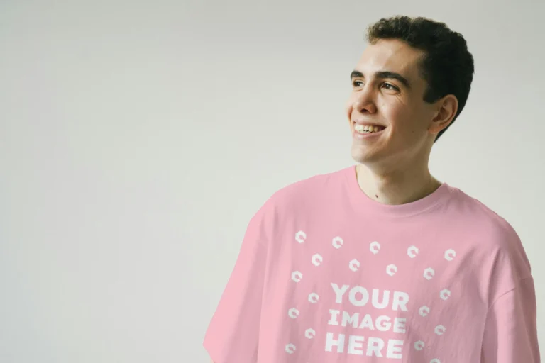 Man Wearing Pink T-shirt Mockup Front View Template