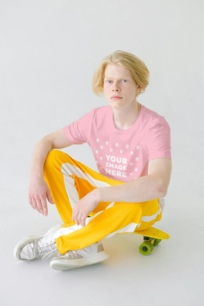 Man Wearing Pink T-shirt Mockup Front View Template