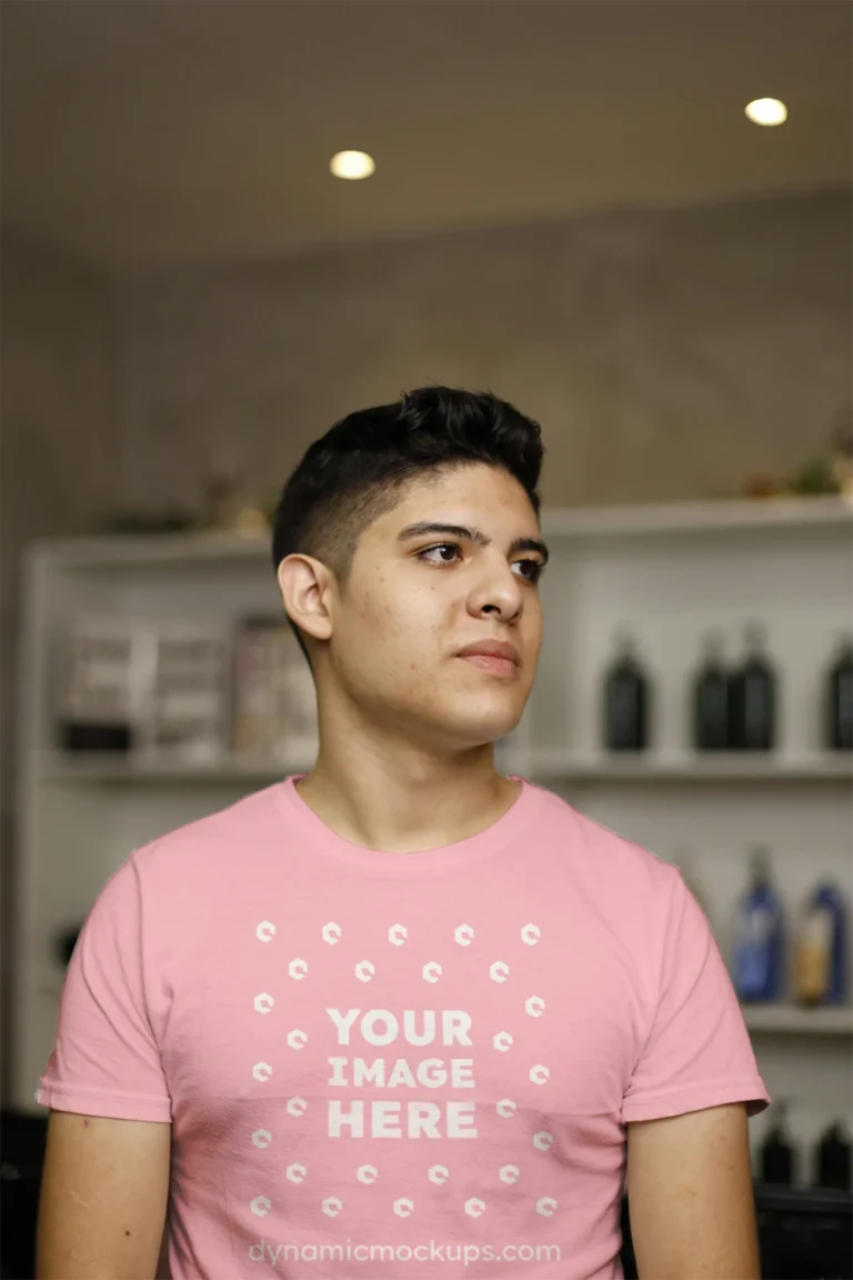 Man Wearing Pink T-shirt Mockup Front View Template