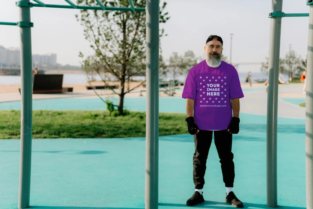 Man Wearing Purple T-shirt Mockup Front View Template