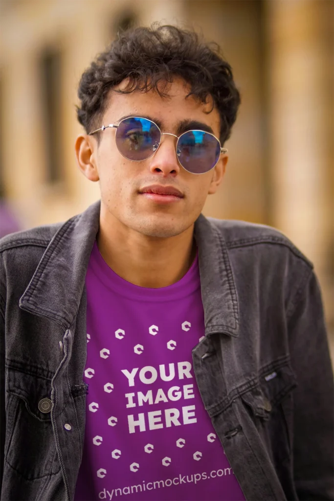 Man Wearing Purple T-shirt Mockup Front View Template