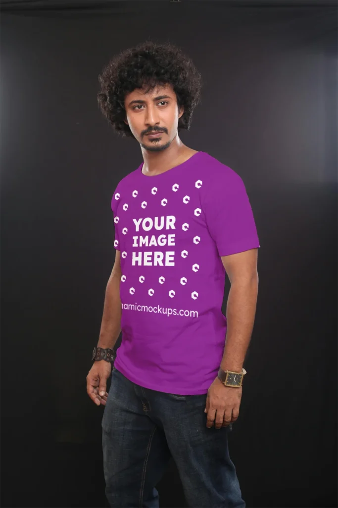 Man Wearing Purple T-shirt Mockup Front View Template