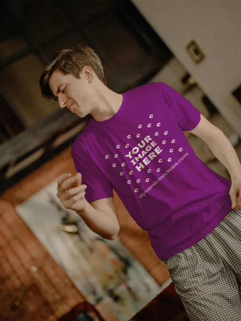 Man Wearing Purple T-shirt Mockup Front View Template