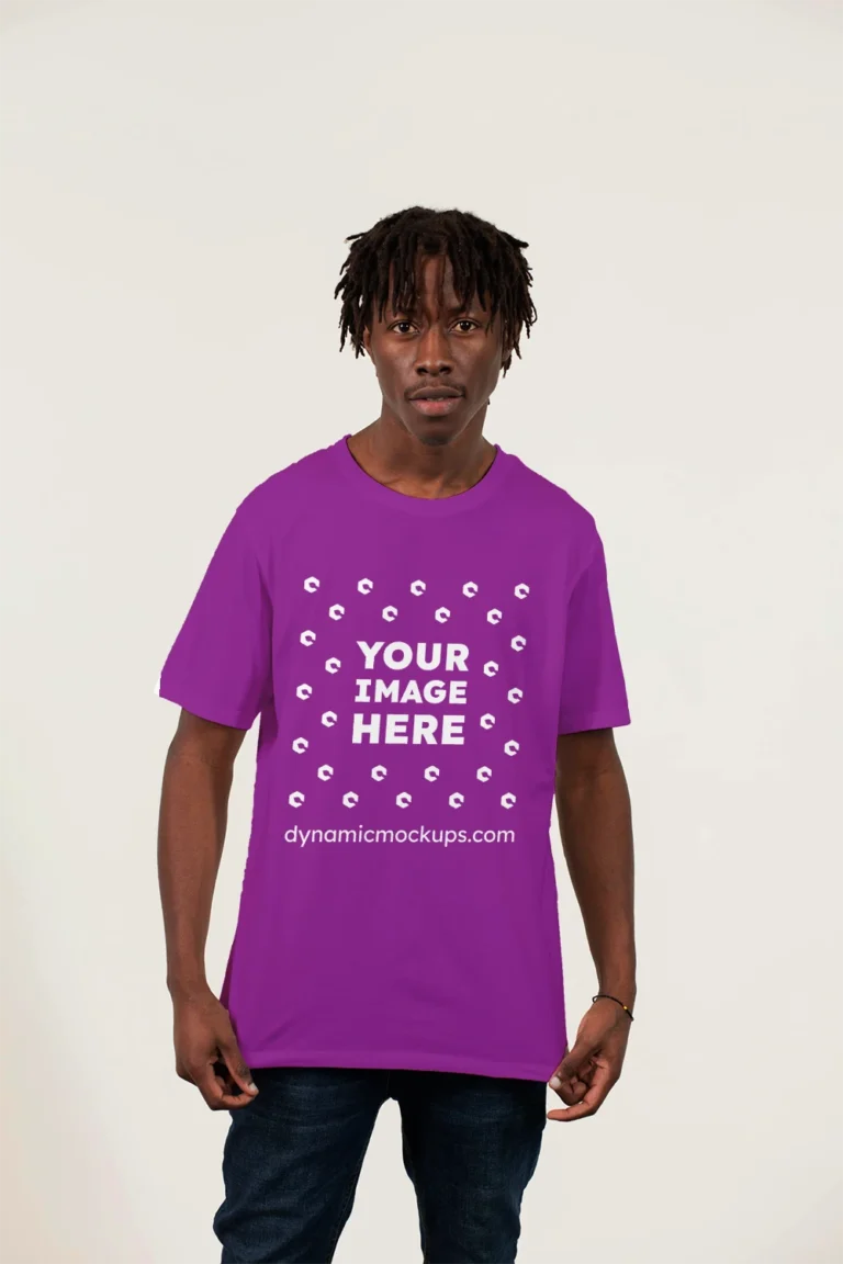 Man Wearing Purple T-shirt Mockup Front View Template