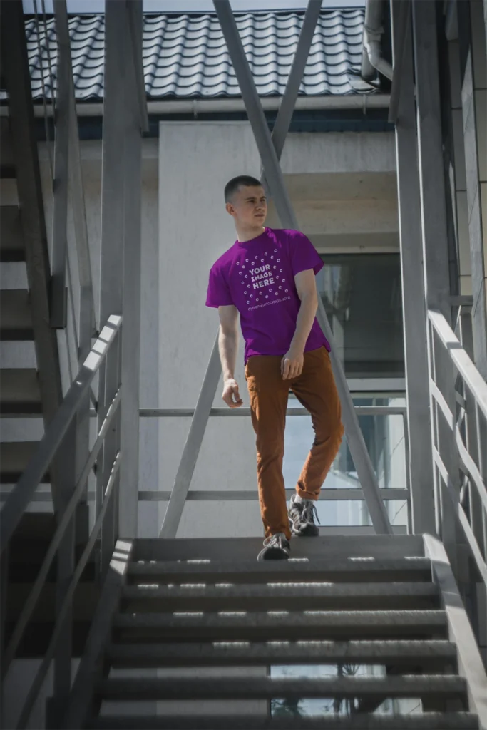 Man Wearing Purple T-shirt Mockup Front View Template