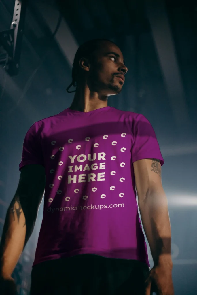 Man Wearing Purple T-shirt Mockup Front View Template