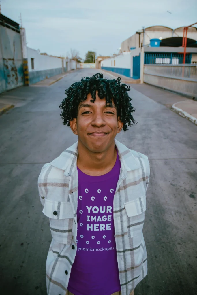 Man Wearing Purple T-shirt Mockup Front View Template