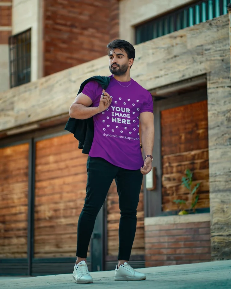 Man Wearing Purple T-shirt Mockup Front View Template