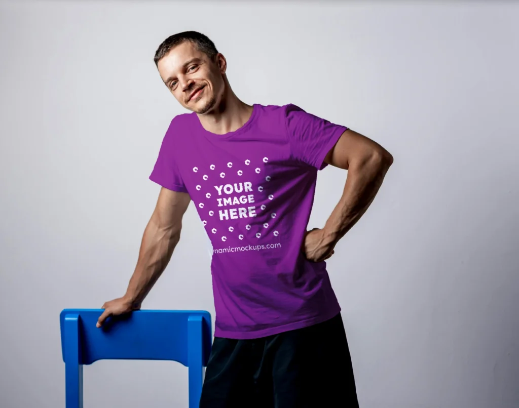 Man Wearing Purple T-shirt Mockup Front View Template