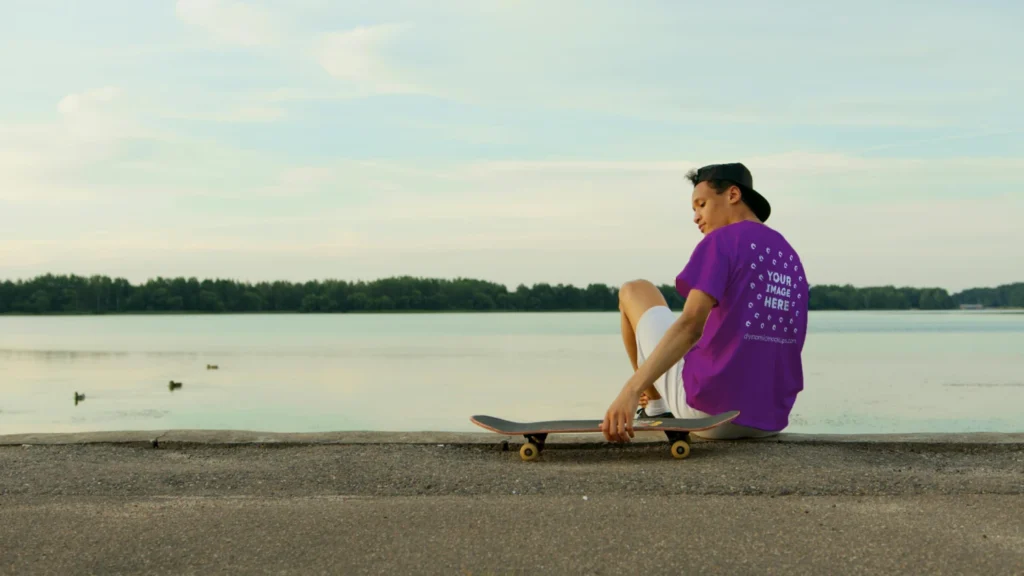 Man Wearing Purple T-shirt Mockup Front View Template