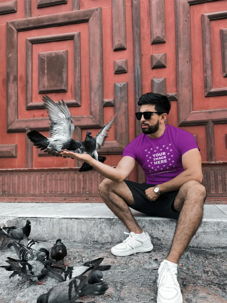 Man Wearing Purple T-shirt Mockup Front View Template