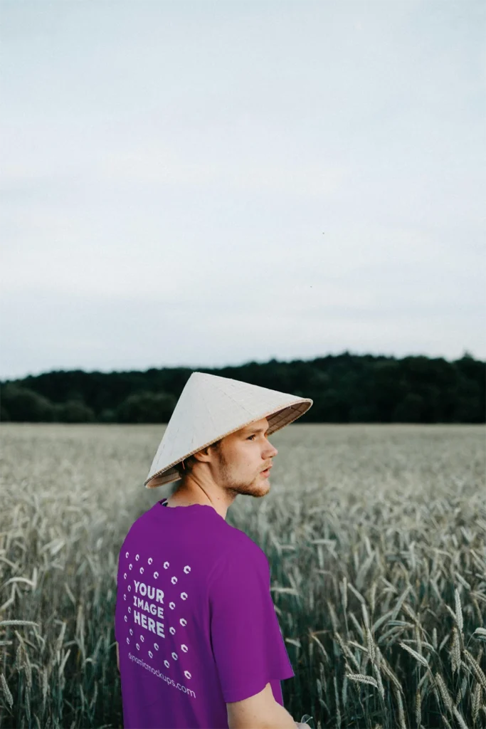 Man Wearing Purple T-shirt Mockup Front View Template