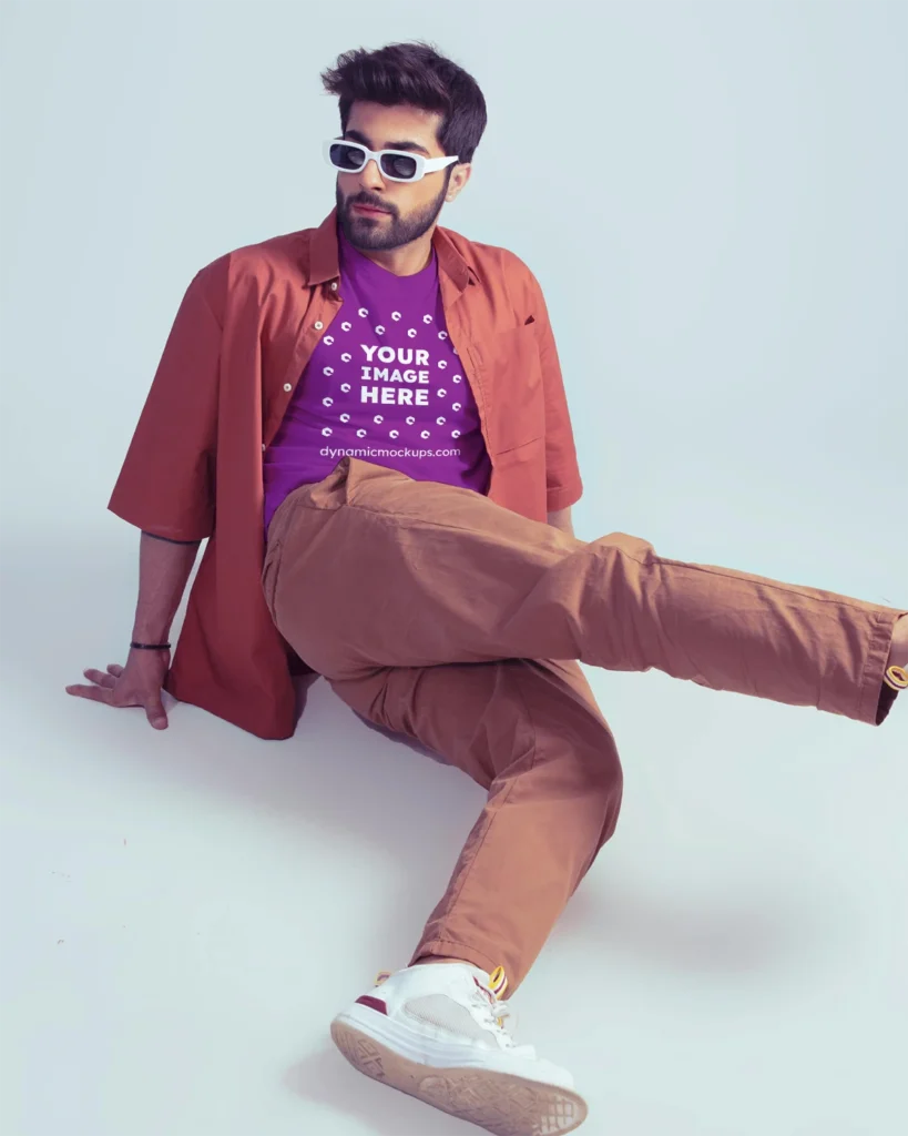 Man Wearing Purple T-shirt Mockup Front View Template