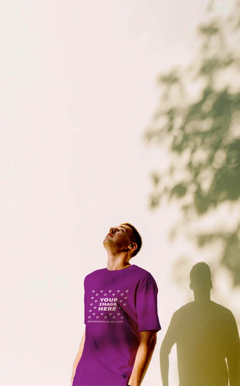 Man Wearing Purple T-shirt Mockup Front View Template