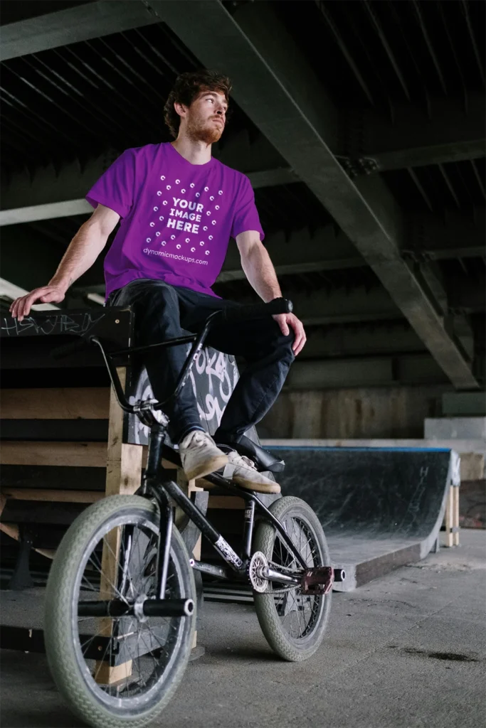 Man Wearing Purple T-shirt Mockup Front View Template