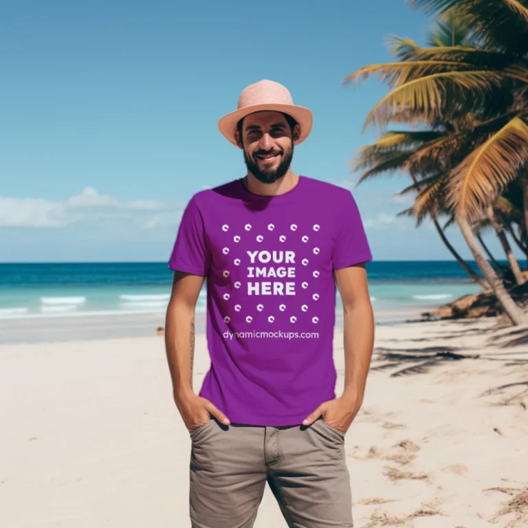 Man Wearing Purple T-shirt Mockup Front View Template