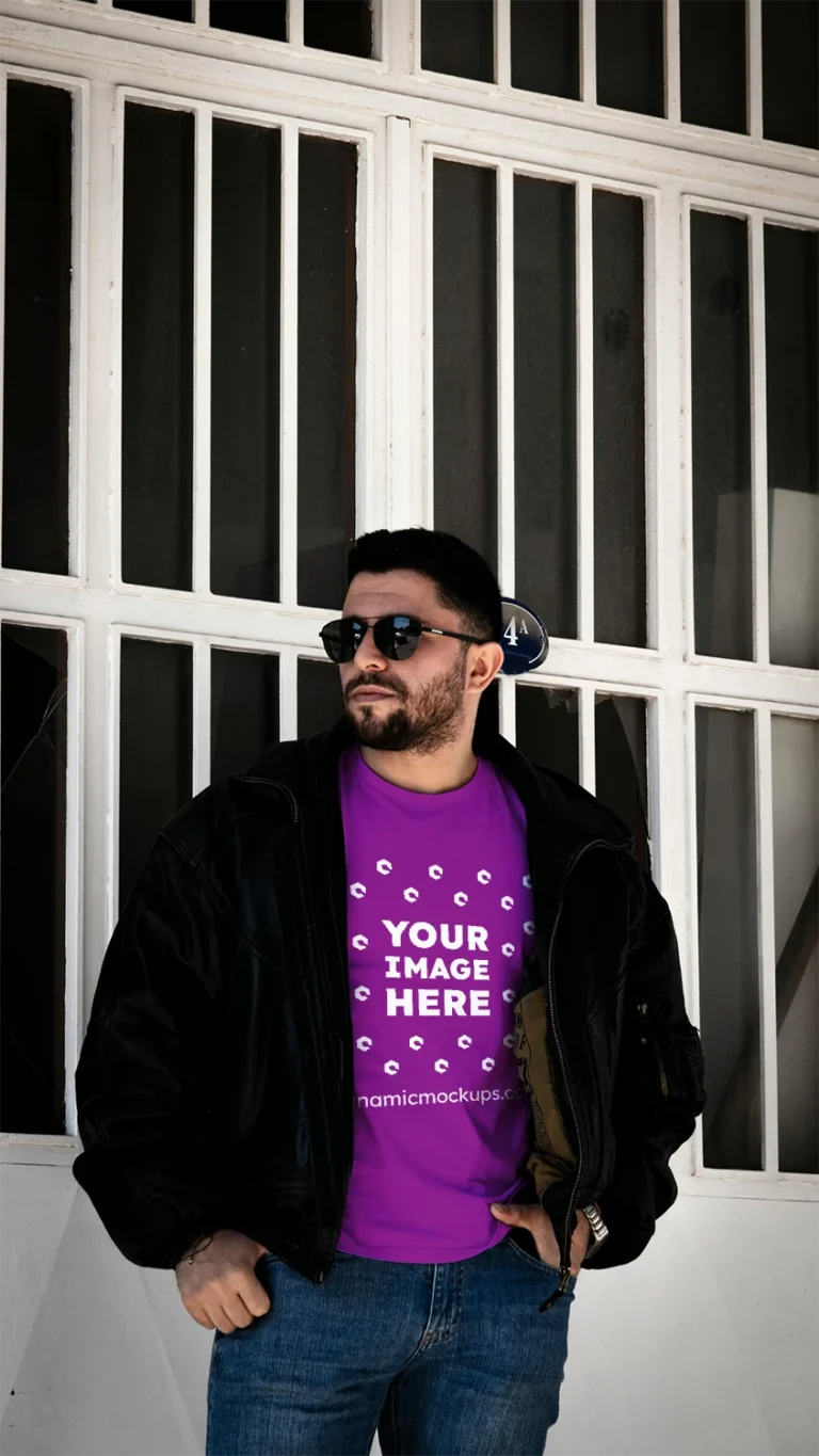 Man Wearing Purple T-shirt Mockup Front View Template