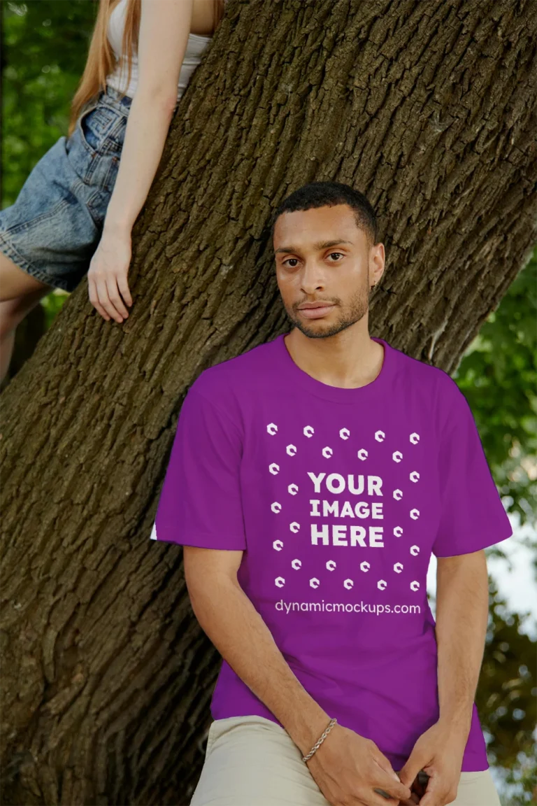 Man Wearing Purple T-shirt Mockup Front View Template