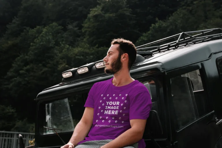 Man Wearing Purple T-shirt Mockup Front View Template