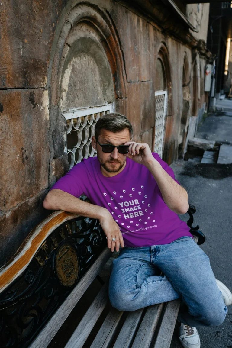 Man Wearing Purple T-shirt Mockup Front View Template