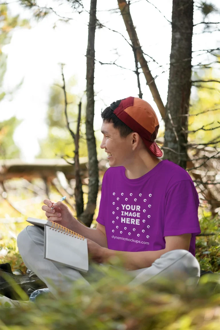 Man Wearing Purple T-shirt Mockup Front View Template