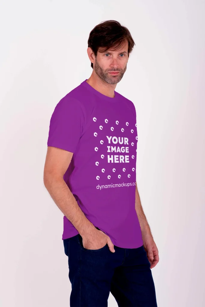 Man Wearing Purple T-shirt Mockup Side View Template