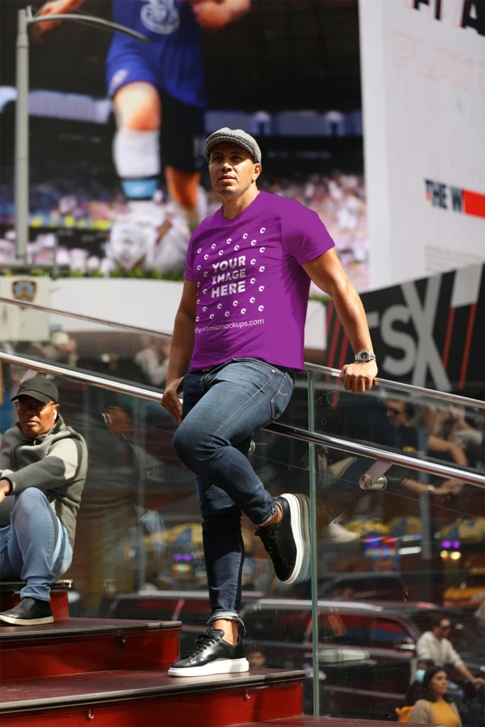 Man Wearing Purple T-shirt Mockup Front View Template