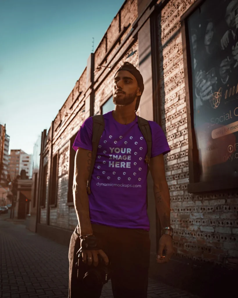 Man Wearing Purple T-shirt Mockup Front View Template