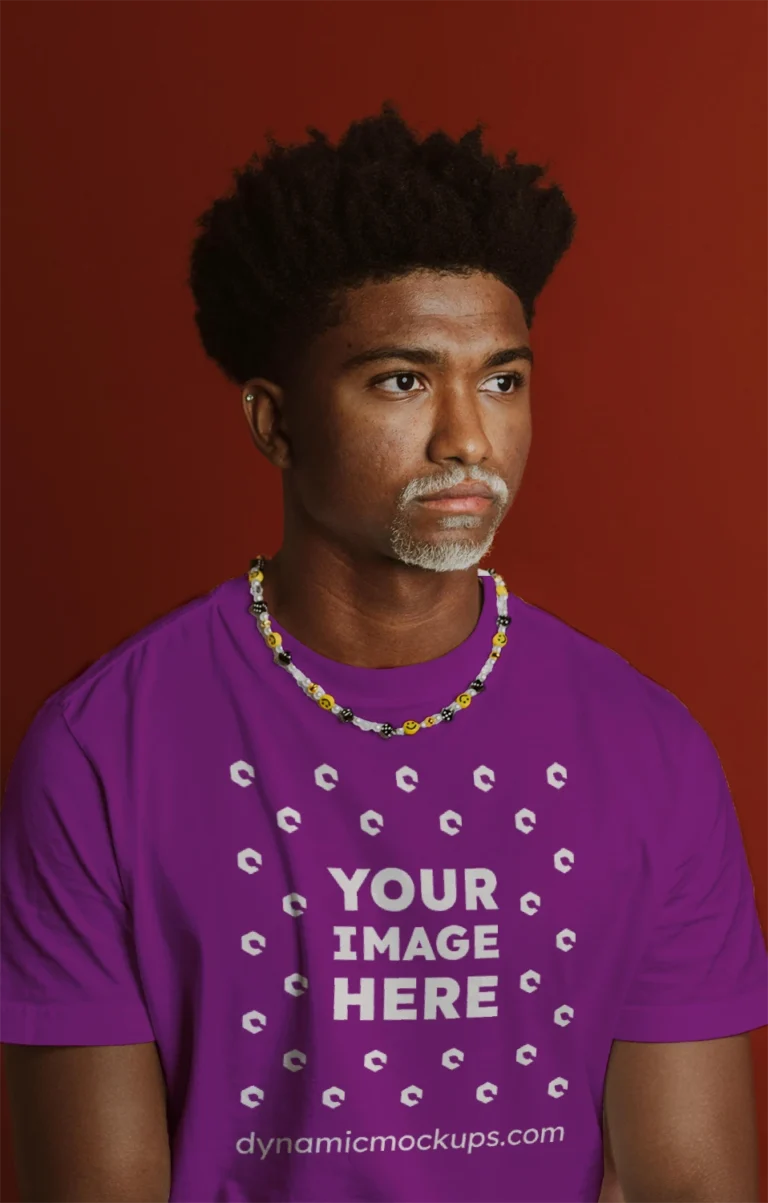 Man Wearing Purple T-shirt Mockup Front View Template