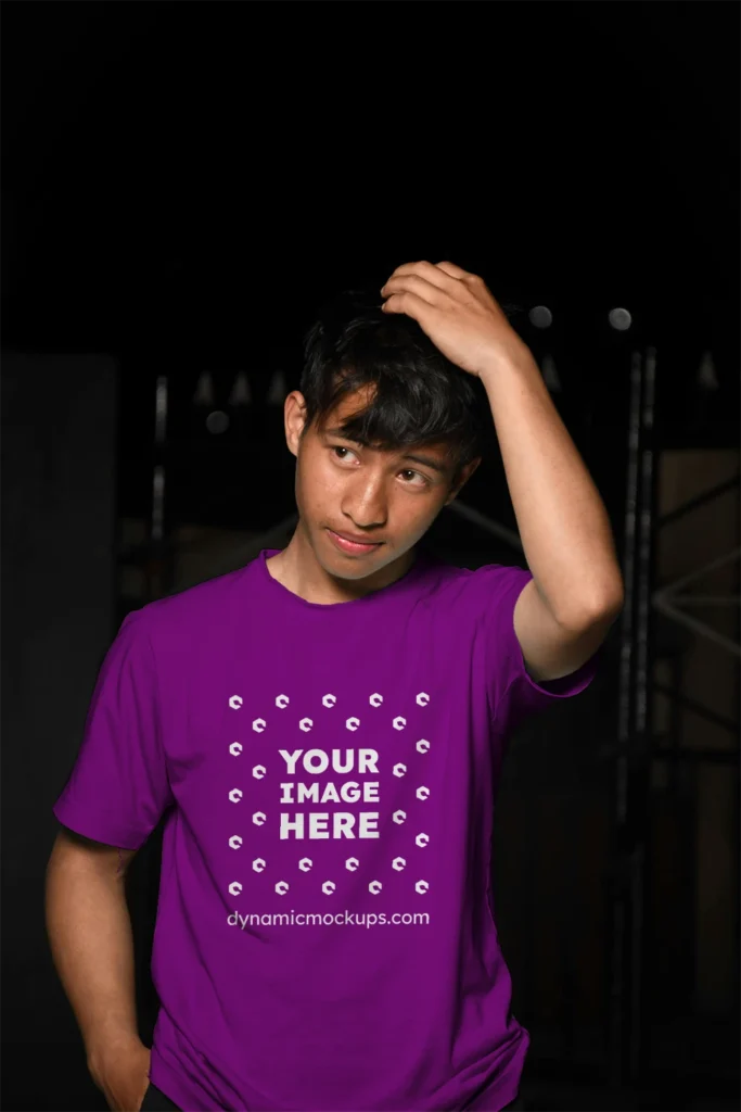 Man Wearing Purple T-shirt Mockup Front View Template