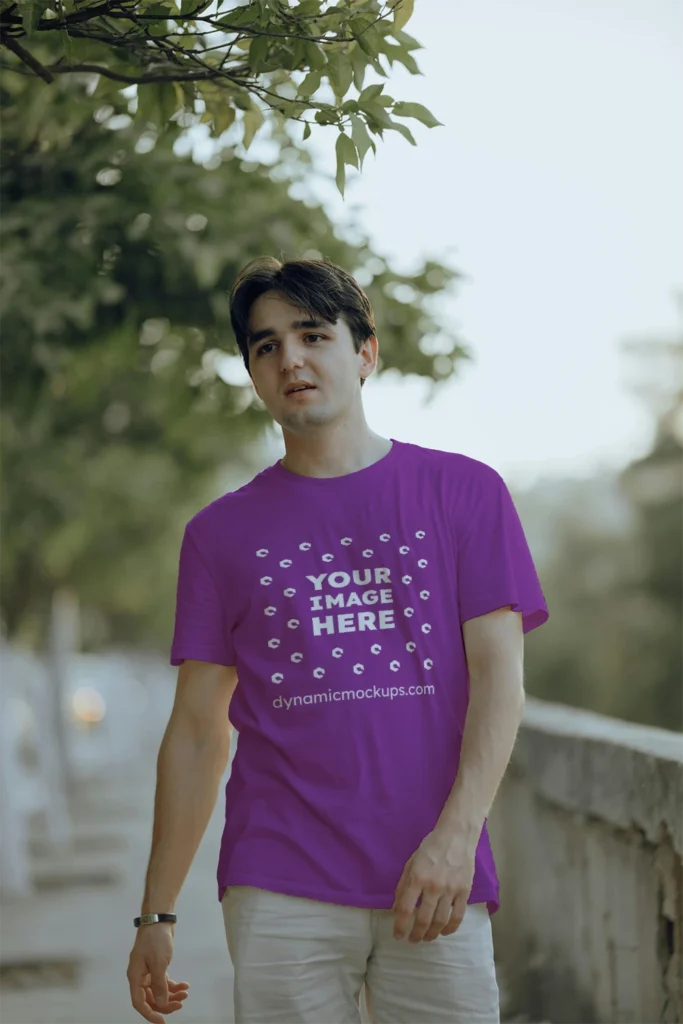 Man Wearing Purple T-shirt Mockup Front View Template