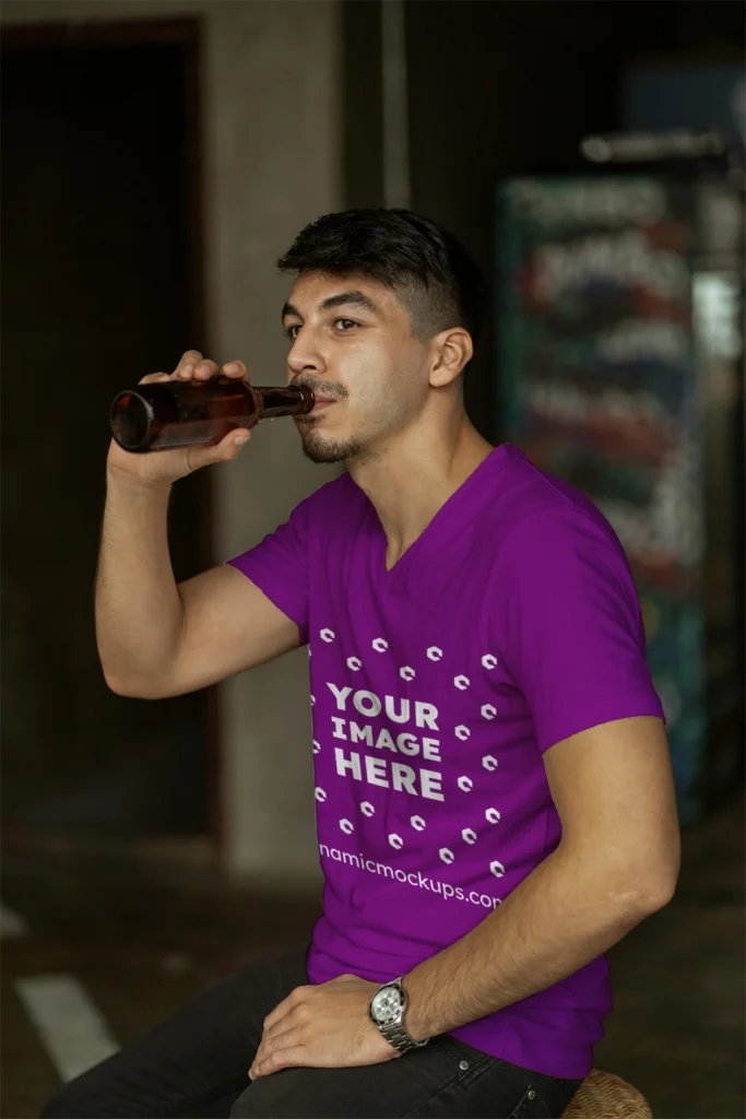 Man Wearing Purple T-shirt Mockup Side View Template