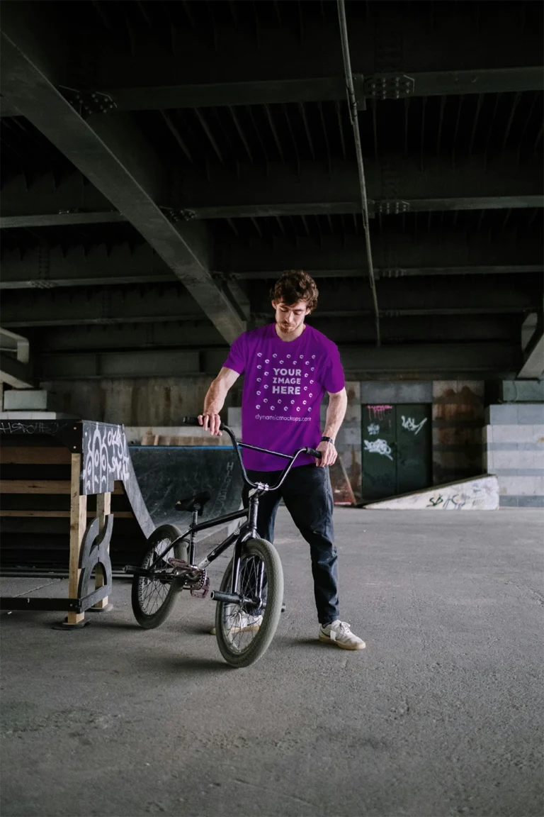 Man Wearing Purple T-shirt Mockup Front View Template