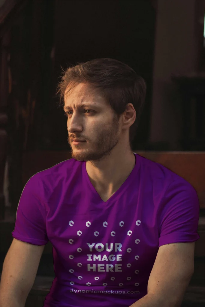 Man Wearing Purple T-shirt Mockup Front View Template