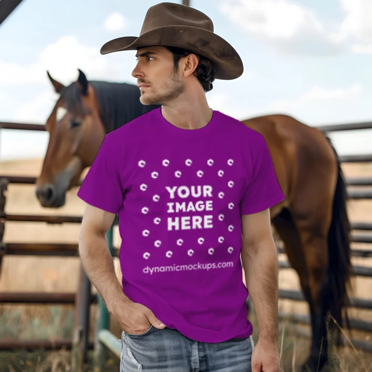 Man Wearing Purple T-shirt Mockup Front View Template