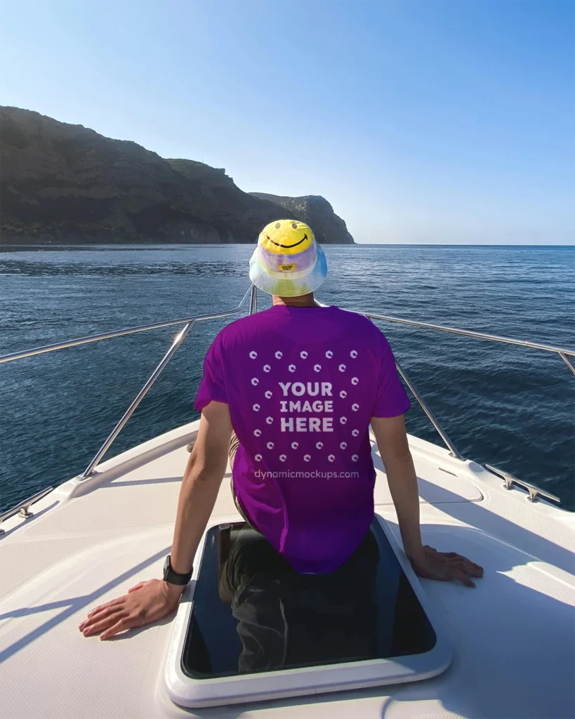 Man Wearing Purple T-shirt Mockup Back View Template