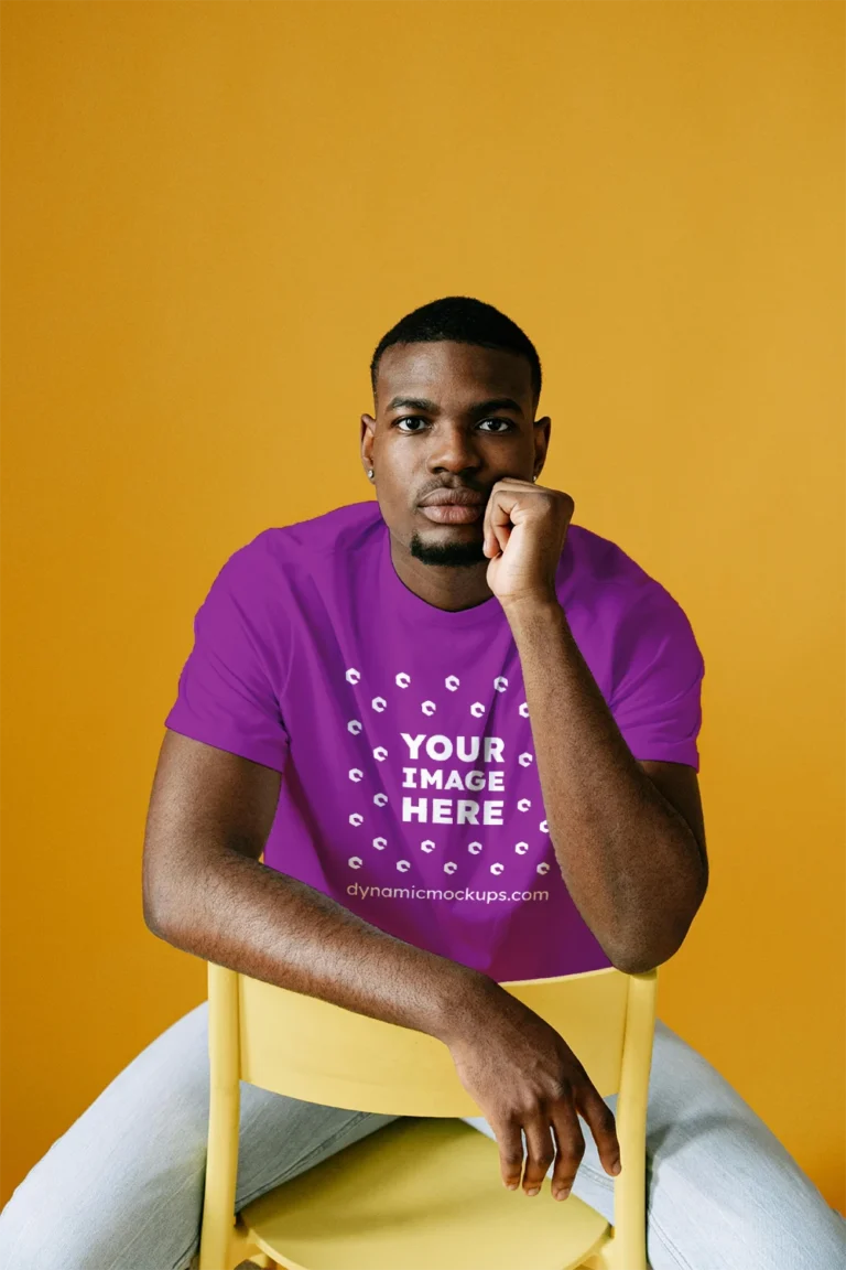 Man Wearing Purple T-shirt Mockup Front View Template