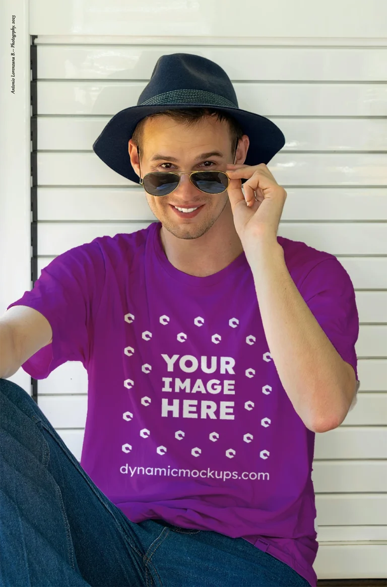 Man Wearing Purple T-shirt Mockup Front View Template