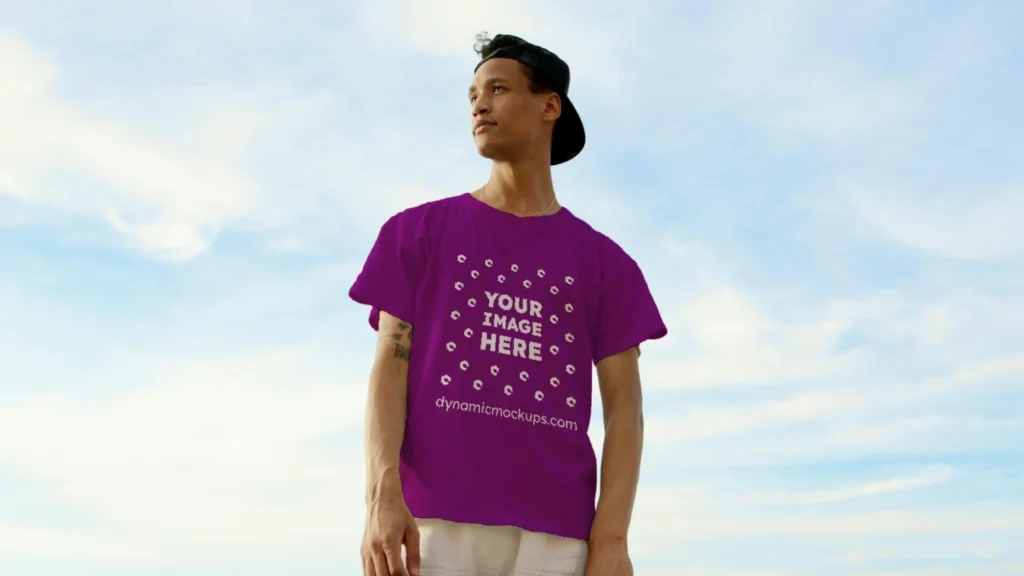 Man Wearing Purple T-shirt Mockup Front View Template