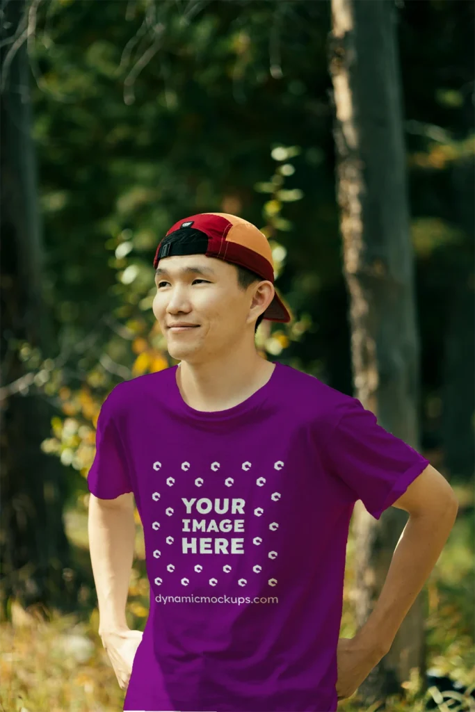 Man Wearing Purple T-shirt Mockup Front View Template