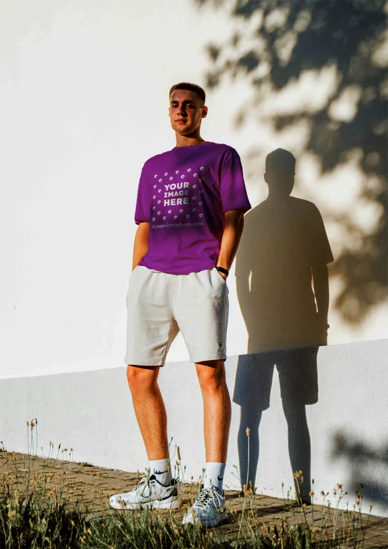 Man Wearing Purple T-shirt Mockup Front View Template