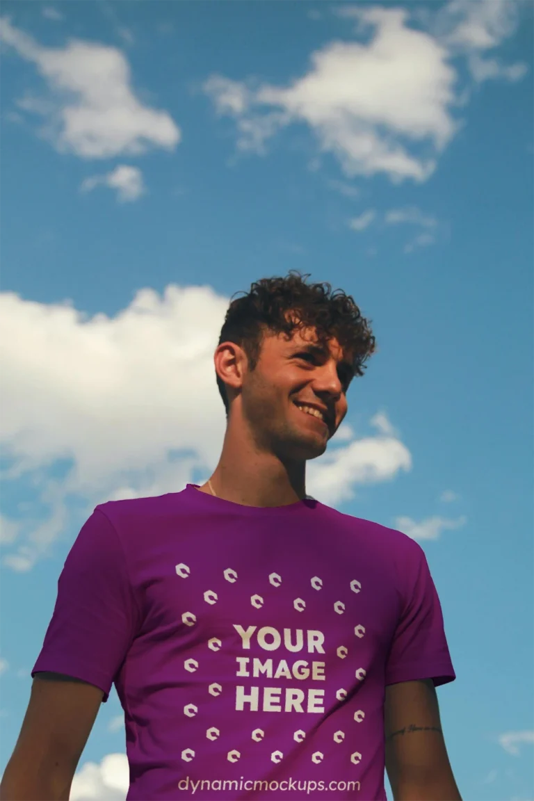 Man Wearing Purple T-shirt Mockup Front View Template