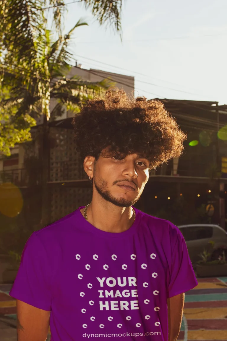 Man Wearing Purple T-shirt Mockup Front View Template