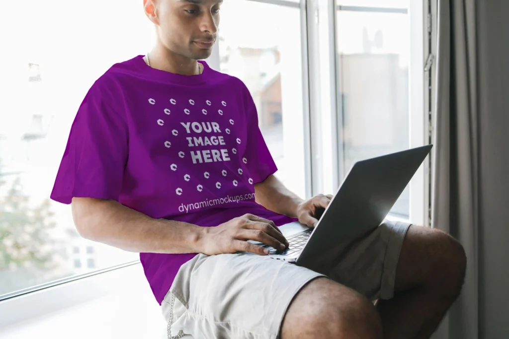 Man Wearing Purple T-shirt Mockup Front View Template